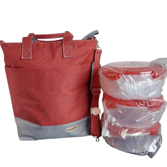 LocknLock Insulated Tote With 3-Piece Storage Set Red Gray Lock & Lock Lock And - Picture 1 of 13